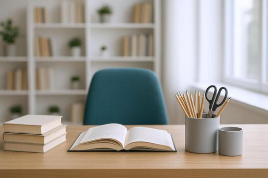Workspace with Open Book and Stationery Desk Setup for Study and Creative Work photo