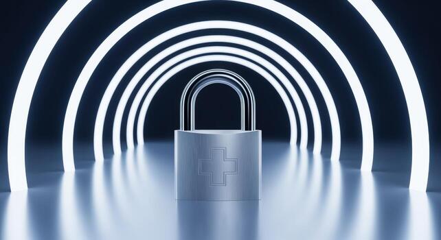 Padlock with Arched Neon Lights Cyber Security and Data Protection Concept in Modern Setting photo