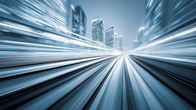 Fast Cityscape Motion Blur with Modern Architecture, Conveying Speed and Technological Advancement in Urban Environment photo