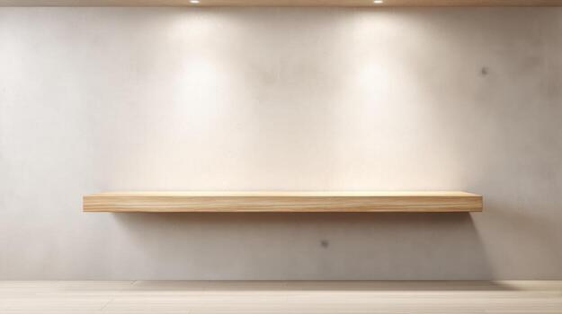 Empty Wooden Shelf on White Textured Wall with Spotlights - Mockup Template for Product Display photo
