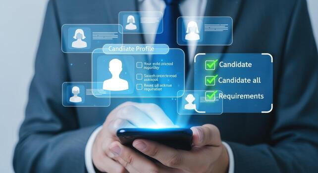 HR Professional Evaluating Candidates Online Via Mobile App for Streamlined Recruitment and Talent Acquisition Process photo