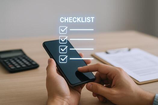 Digital checklist on mobile phone showing task completion, business management and productivity in modern workplace photo