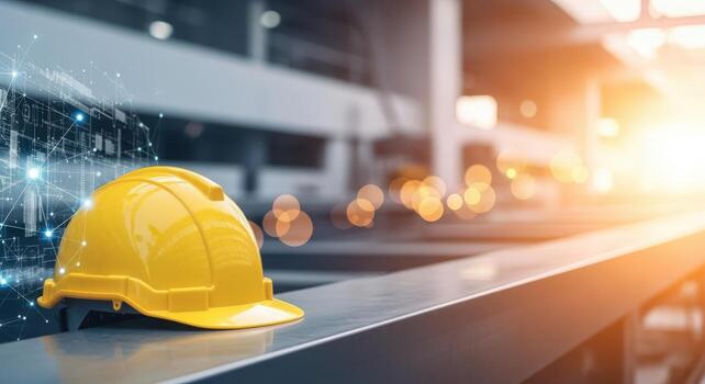 Yellow Hard Hat Symbolizing Safety and Progress in Construction with Technological Integration and a Bright Future photo