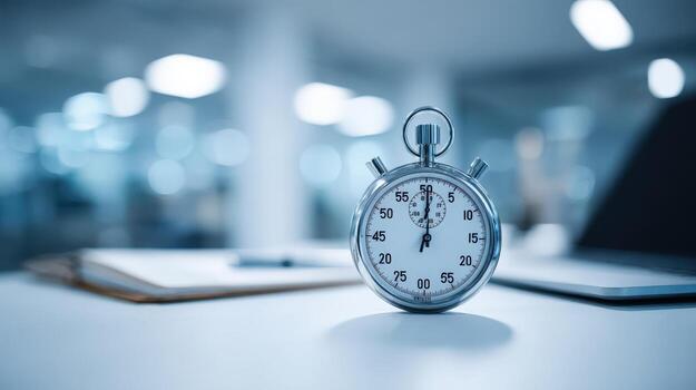 Stopwatch on a Desk with Notebook and Laptop in Background, Business Time Management Concept photo