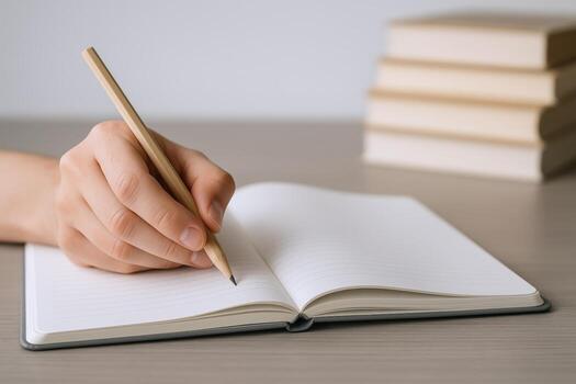 Hand Writing in Notebook with Pencil on Desk, Blank Pages for Mockup Content photo