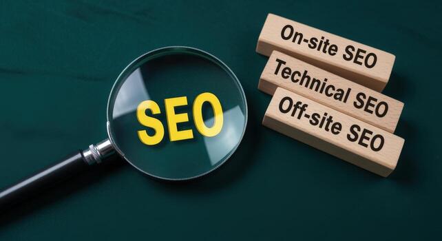 SEO Optimization Concept with Magnifying Glass and Blocks Displaying Technical, Off-Site, On-Site Elements on Green photo