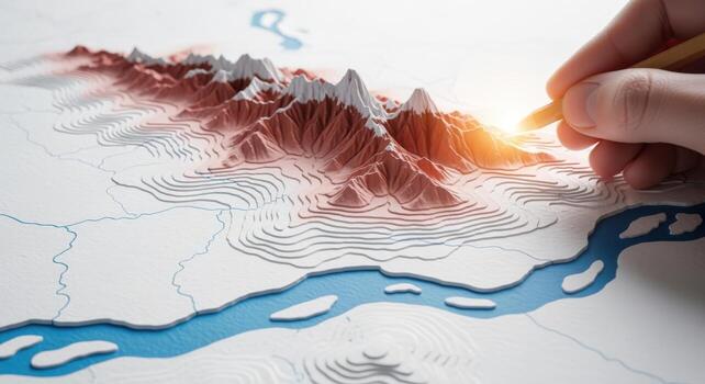 creando un topográfico mapa mano con lápiz delineando terreno contornos para geografía y cartografía proyectos foto