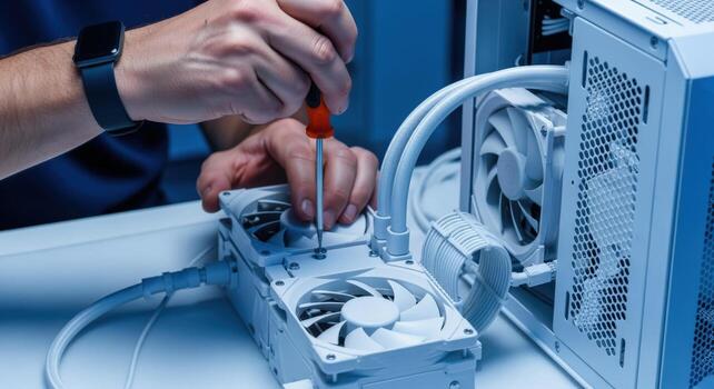 Computer Technician Assembling Water Cooling System with Screwdriver, Ensuring Optimal Performance and Longevity photo
