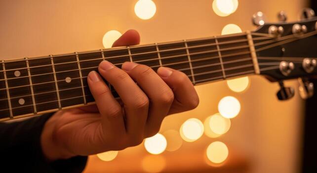 Close-up of Guitar Players Hand on Fretboard with Warm Bokeh Background for Music Content photo