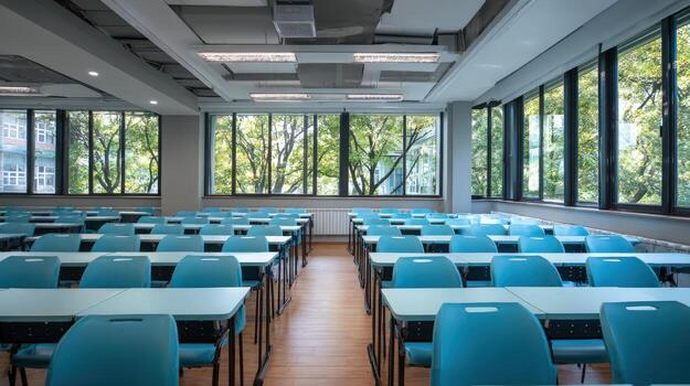 Bright Empty Classroom with Blue Chairs and Natural Light from Windows Overlooking Green Trees photo