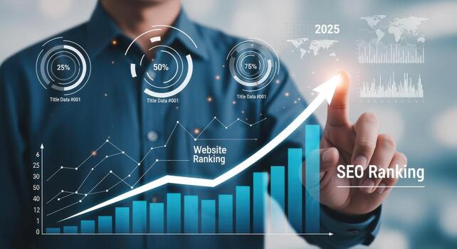 SEO Ranking Improvement Concept Man Touching Arrow Pointing Up on a Virtual Screen Displaying Data photo