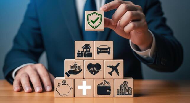 Risk Management and Protection Hand Stacking Wooden Blocks with Security Icons for Business Assurance photo