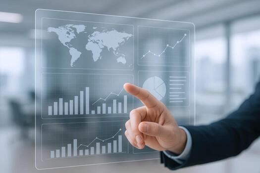 Interactive Data Visualization Business Professional Analyzing Global Market Trends on Transparent Screen photo