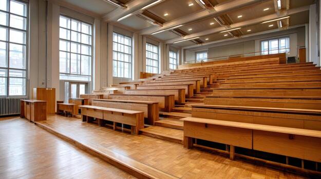 Large Lecture Hall with Tiered Seating and Natural Light for Academic Presentations and Learning photo