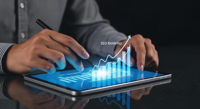 SEO Ranking Analysis on Tablet Businessman Analyzing Digital Marketing Data and Growth Strategy for Business photo