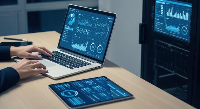 Data Analysis on Laptop and Tablet, Server Room Environment, Monitoring Business Intelligence Dashboard photo