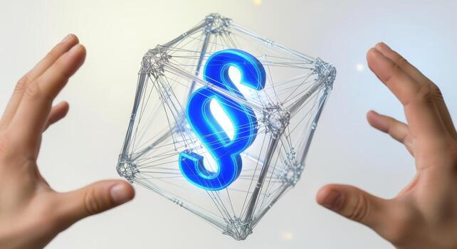 Abstract Paragraph Symbol Surrounded by Mesh Cube Held by Hands, Representing Legal Concept photo