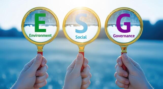 ESG Factors Magnified Environment, Social, Governance Principles for Sustainable and Ethical Business Practices with a field background photo