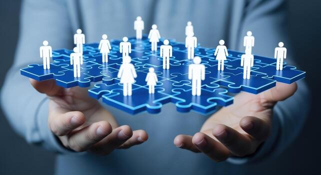 Human Resources Concept Hands Holding a Puzzle Piece Structure with Figure Icons Representing Team Members photo