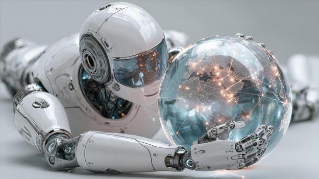 Robot Holding Earth Globe Depicting Global Technology, AI, and Future Communication Networks on a White Background photo
