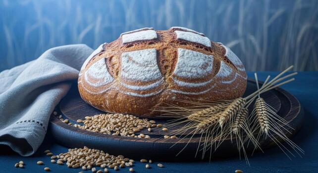 Artisan Loaf on Wooden Board with Wheat Kernels and Stalks, Against Rustic Background photo