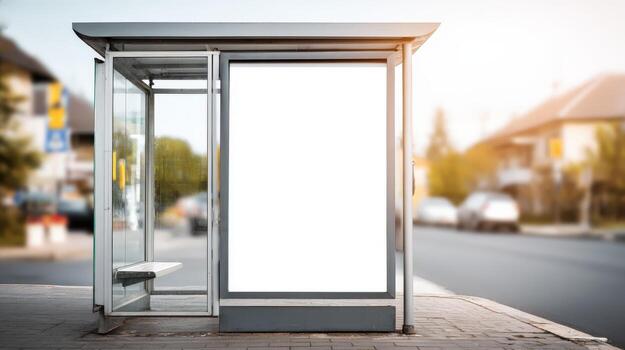 Bus Stop Advertisement Mockup with Blank Billboard Space, Urban Setting with Natural Sunlight on a Sunny Day photo