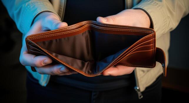 Empty Wallet Displayed by Person Showing Financial Difficulty, Recession, or Lack of Funds Personal Finance Concept photo