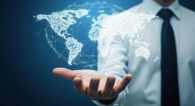 Global Network Visualization Businessman Holding a Digital World Map Showing Worldwide Connectivity and Modern Technology photo
