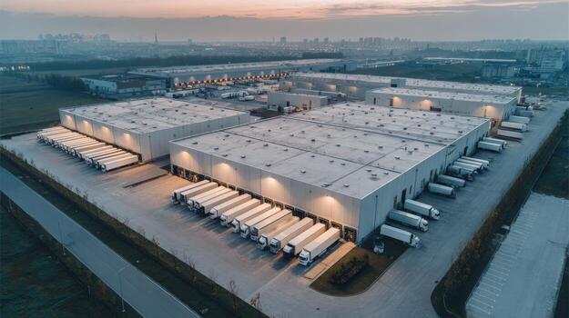 aéreo ver de distribución almacén con cargando muelles y estacionado camiones a crepúsculo foto