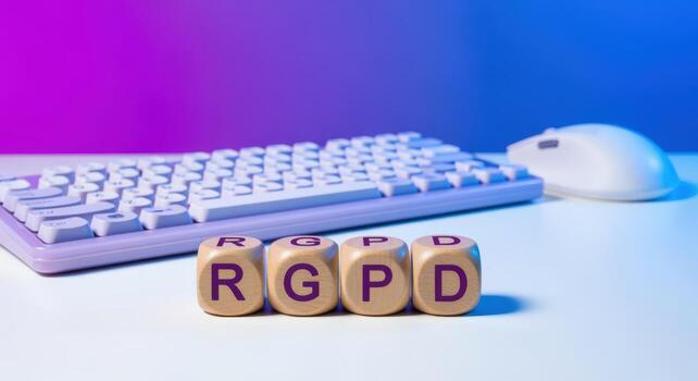 Data Privacy Concept RGPD text on wooden blocks with keyboard and mouse in a modern office setting photo