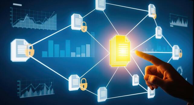Data Security Network Technology Concept with Finger Pointing at Secure Digital Documents on Screen photo
