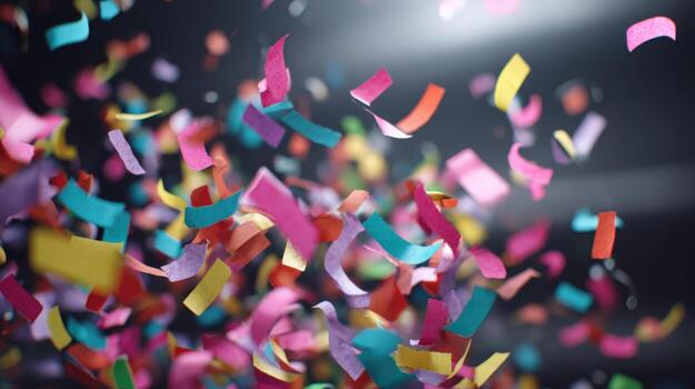 Festive Confetti Bursting in Air Creating a Vibrant and Celebratory Atmosphere Against a Dark Backdrop photo