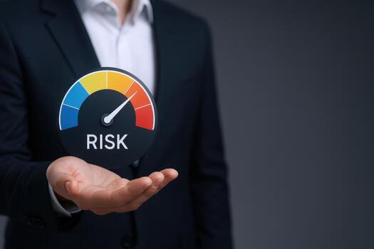Risk Management Concept Businessman Displaying a Risk Meter, Symbolizing Financial Strategy and Investment Assessment photo
