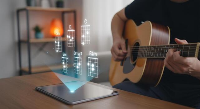 Man Learning Guitar Chords Online Using Tablet Technology for Music Education and Virtual Lessons photo