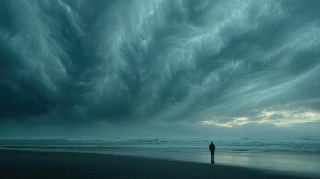 Man Standing on a Beach Under Stormy Sky Looking at the Ocean Horizon photo