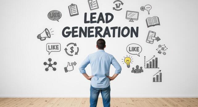 Lead Generation Strategy Concept Businessman Analyzing Marketing Graphics on White Wall, Business Development and Conversion photo