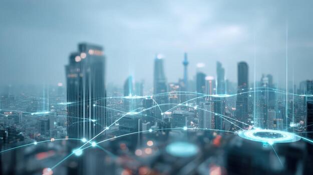 Smart Cityscape High-Tech Network Connecting Buildings in a Modern Urban Environment, Representing 5G and Global Communications photo