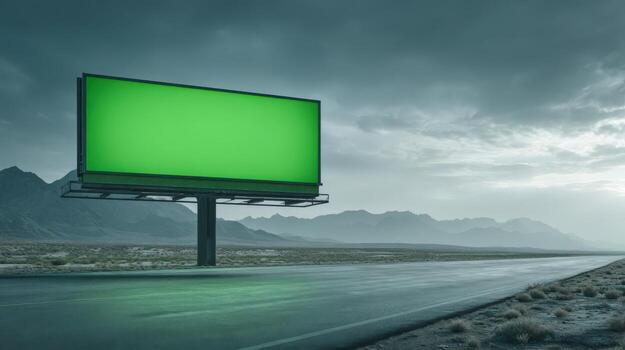 Blank Green Billboard Along a Highway, Against a Moody Sky and Mountain Backdrop, Ready for Advertisement photo