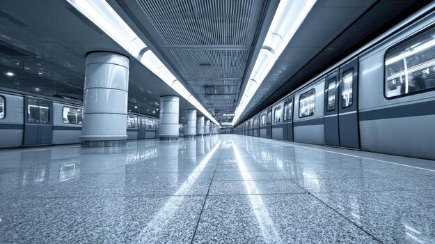 Underground Subway Station with Modern Architecture and Polished Floor, Reflecting Light, Creating a Sleek Urban Commute photo