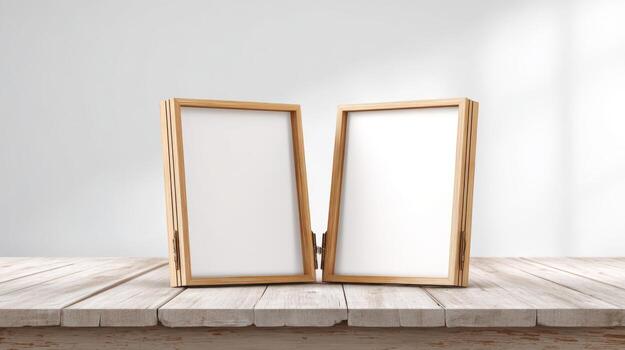 Two Wooden Frame Mockups on Rustic Wooden Surface, Ideal for Art, Photography, and Design Presentation photo