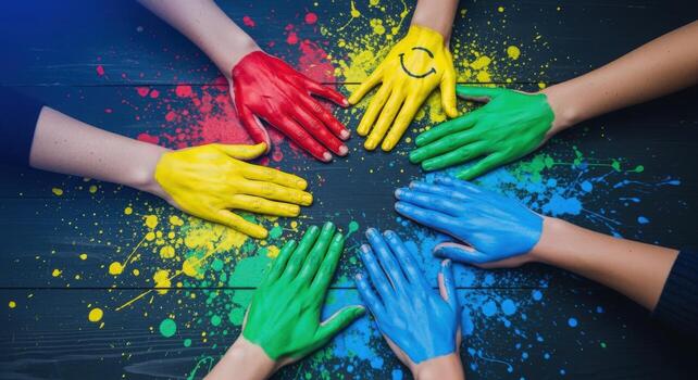 Colorful Hands Together in Unity Diversity, Collaboration, and Artistic Expression on Dark Background with Paint Splatter photo