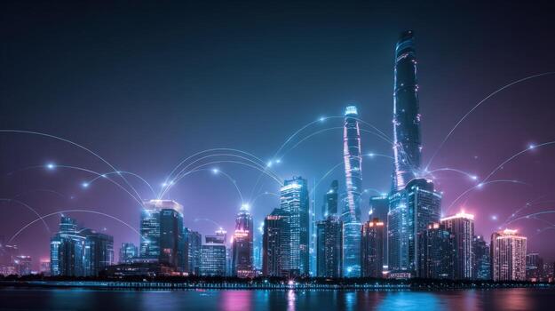 Futuristic Cityscape at Night with Abstract Data Connections, Modern Architecture, and Vibrant Urban Illumination photo