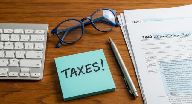Tax Preparation Workspace 1040 Form, Keyboard, Glasses, Pen and Note with Taxes Written on It photo
