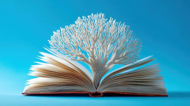 Tree of Knowledge Emerging from Open Book on Blue Background Depicting Education and Growth photo