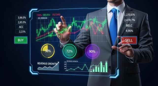 Professional stock trader analyzing real-time market data and financial charts for strategic investment decisions photo