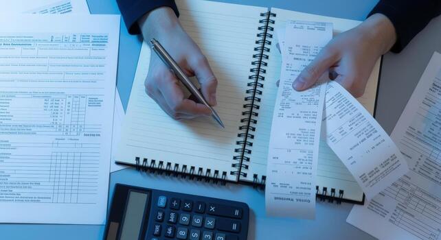 Close-up of Hands Analyzing Receipts and Financial Documents for Budget Planning and Expense Tracking photo
