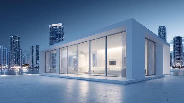Modern Minimalist Home with City Skyline View at Night, Showcasing Architecture and Contemporary Design photo