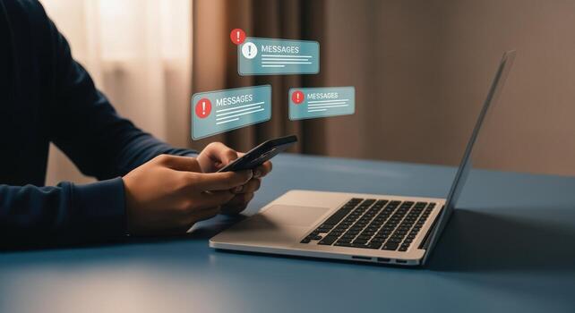 Man Using Smartphone with Message Notifications Overlaying Laptop on Desk for Communication photo