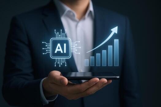 AI Driven Growth A Businessman Presents Artificial Intelligence Graph on a Mobile Device for Business Success photo