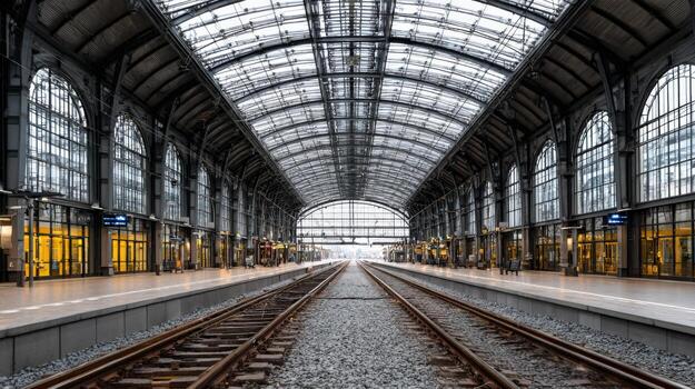 Railway Station Hall with Perspective View of Railroad Tracks and Arched Structure, Ideal for Transportation photo